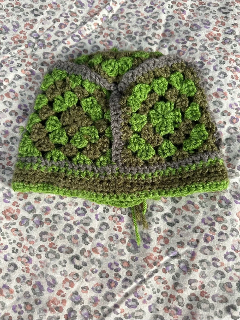 Cozy Kids Crochet Beanie Hat in Green, Brown & Gray